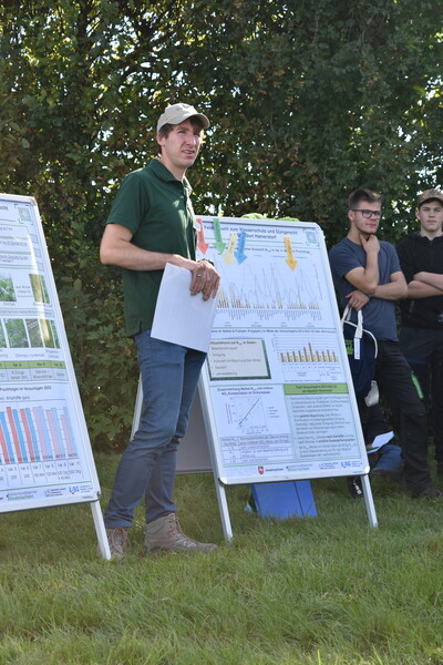Wolfgang Klahsen (Düngebehörde) präsentierte die Versuchsergebnisse des Wasserschutzversuches auf dem Feldtag Hamerstorf am 21.09.2023